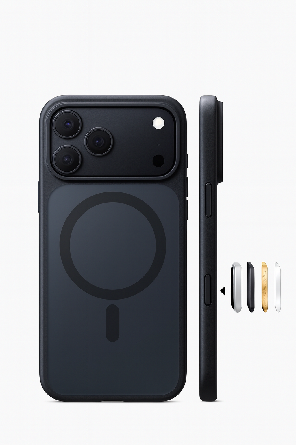 Black phone case with magnetic charging feature on a white background